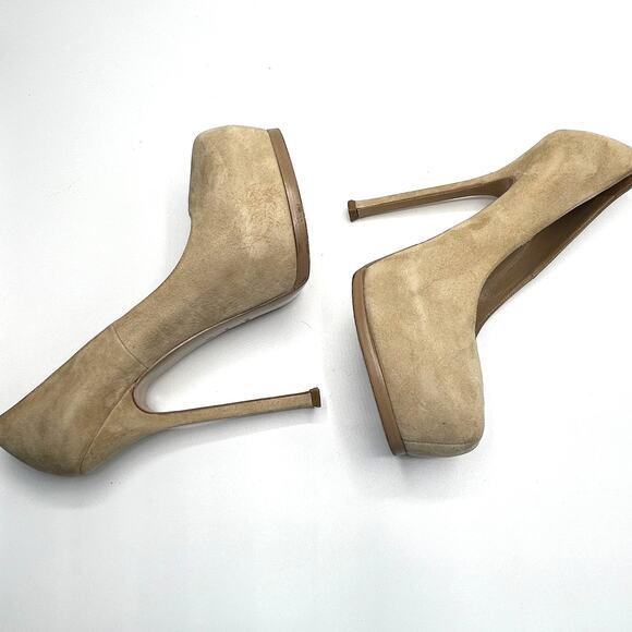YSL Tribtoo Nude Suede Platform Pumps Size 39 Italy Y2K Stiletto Heels - Picture 7 of 13